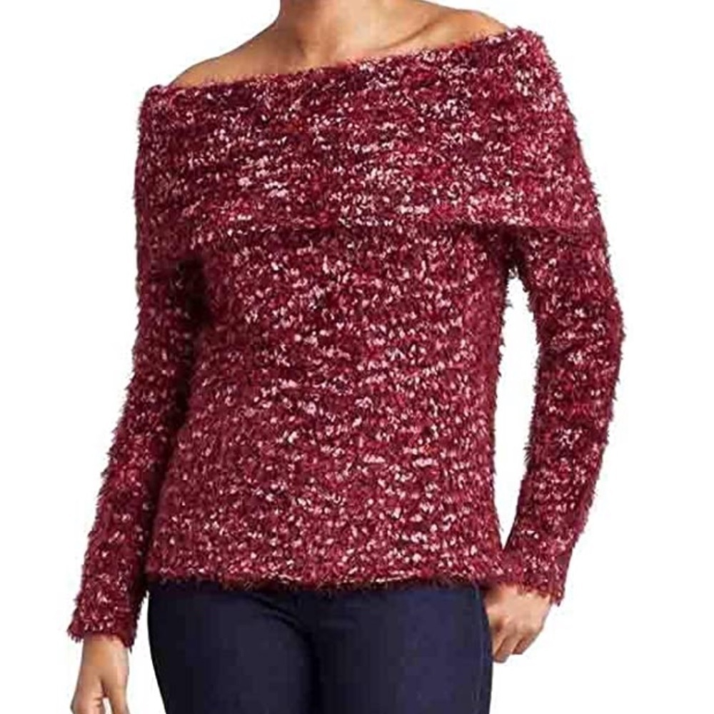 Knox Rose Off The Shoulder Fuzzy Soft Red and Pink Eyelash Sweater Size Medium
